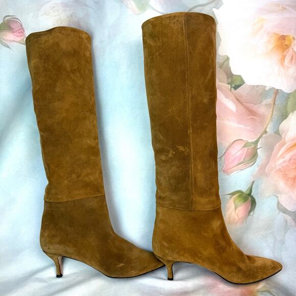 Neil J. Rodgers Camel Suede Leather Pointed Toe Knee High Pull On Heeled Boots - Picture 3 of 10